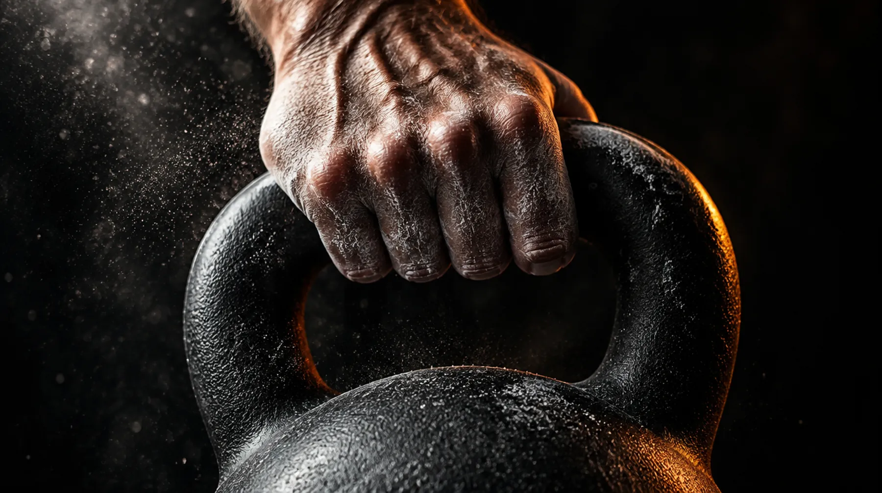 Hand mit Magnesia am Griff einer Kettlebell