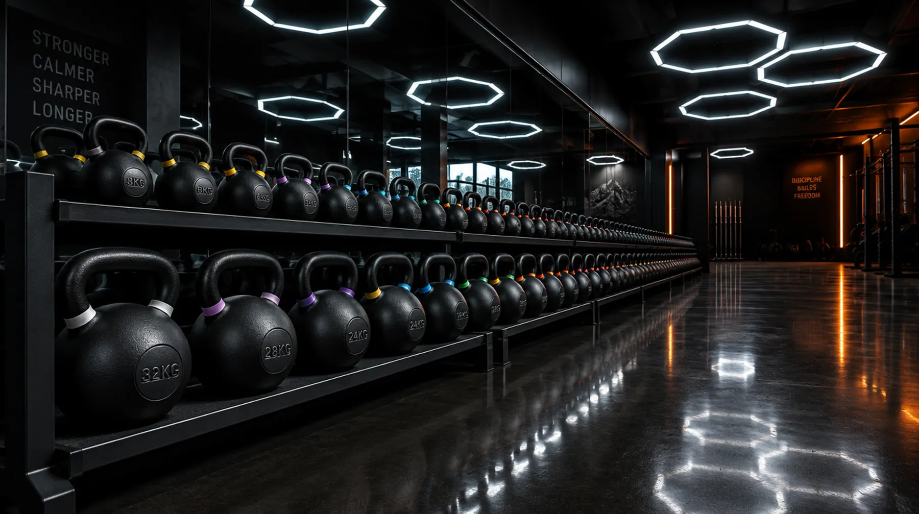 Reihe schwarzer Kettlebells nach Gewicht sortiert im DIA'S FIT Trainingsraum