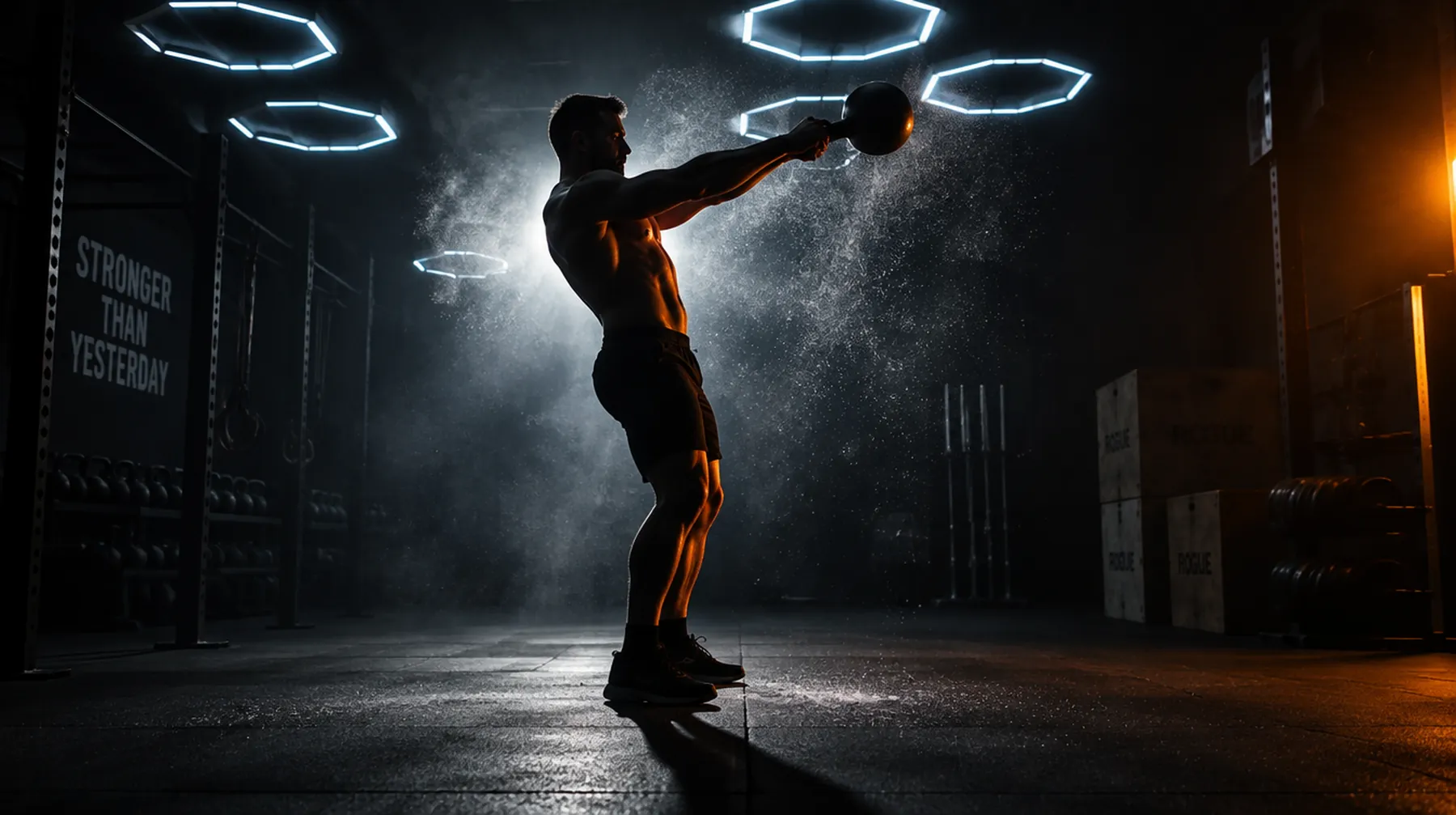 Athlet im Kettlebell-Swing im Gegenlicht